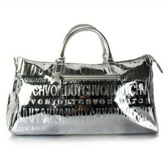 NWT! Von Dutch Metallic Silver Mirrored Weekender Gym Duffel Bag (Retail $379) - Picture 3 of 15